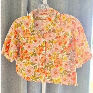 Passport Floral Button Front Crop Blouse Womens Medium Retro Boho Top